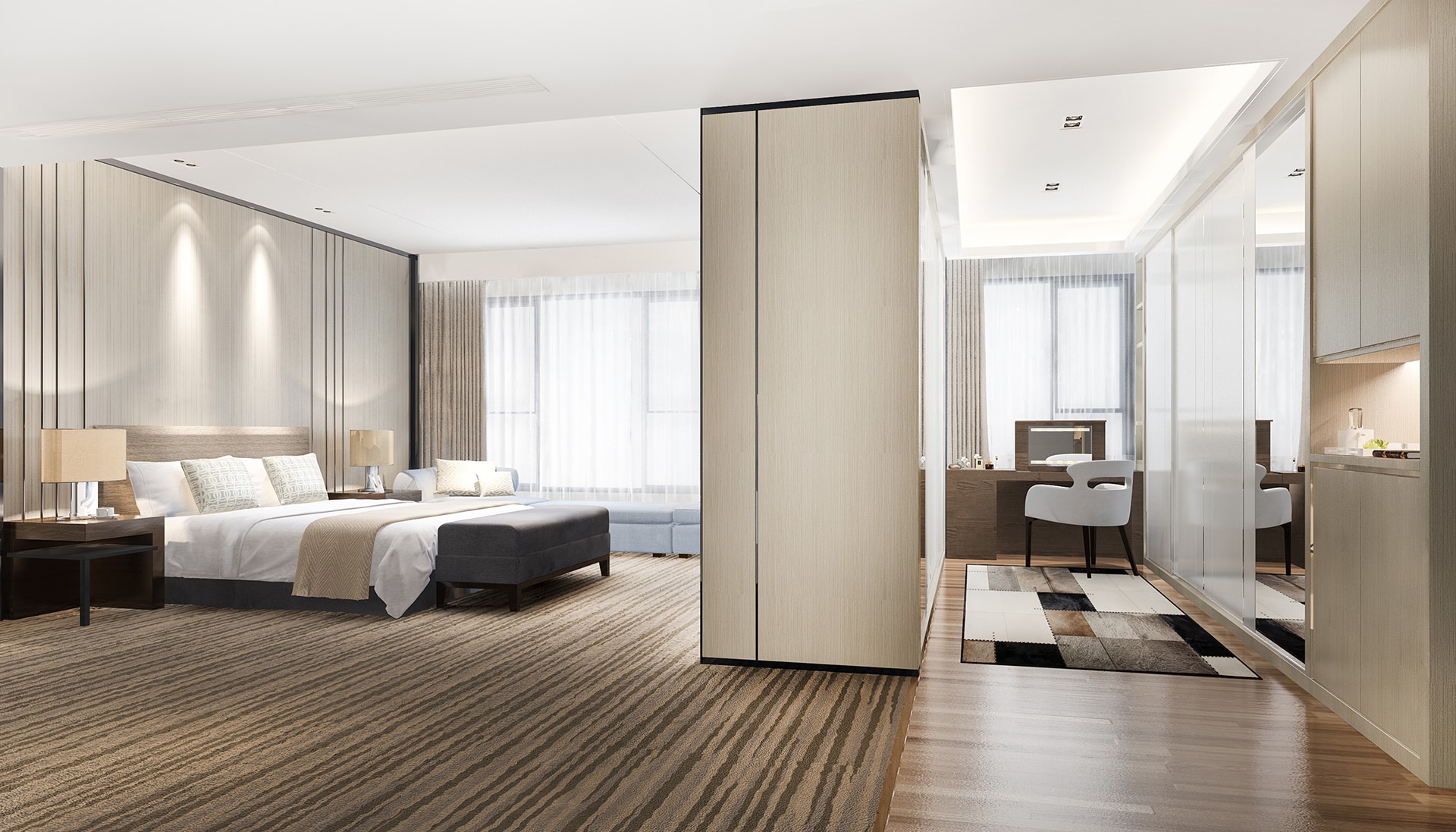 3d rendering luxury modern bedroom suite tv with wardrobe and wa