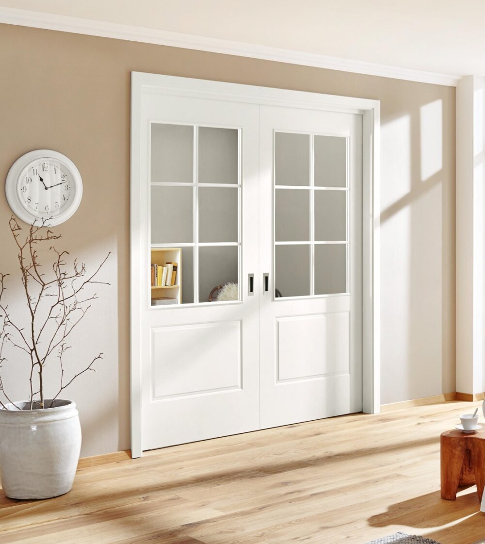 Double porte coulissante laquée blanche vitrages 6 croisillons